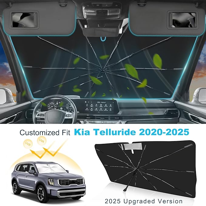 2025 Upgrade Windshield Sun Shade Umbrella Custom Fit for Kia Telluride 2020-2025 Foldable UV Protection Car Cover, Emergency Rain Shield & Dashboard Protector - Durable Auto Accessory