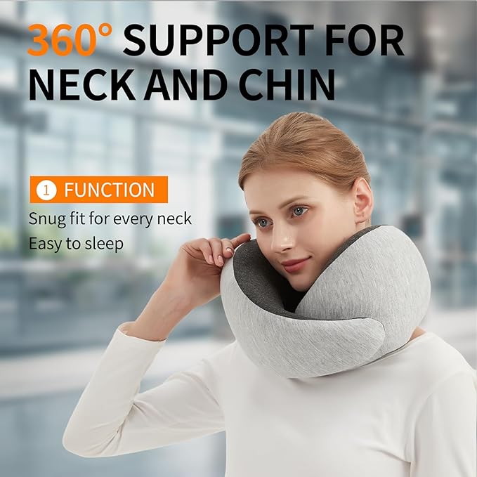 Ziixmile Travel Neck Pillow for Airplane – Memory Foam 360° Support Compact Design Ergonomic Flight Pillow for Sleeping & Neck Support Portable Travel Pillows for Adults, Car, Office Home (Grey)