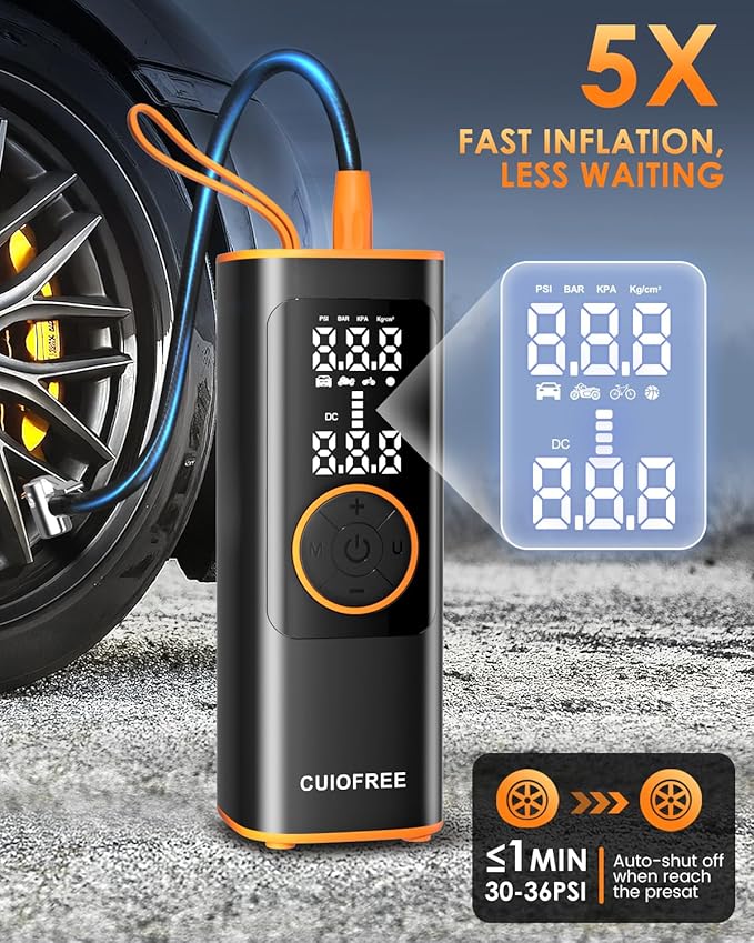 CUIOFREE Portable Tire Inflator for Car, Cordless Tire Inflator Portable Air Compressor with Digital Pressure Gauge,150PSI Dual Power, Portable Air Pump for Car Tires, Motorcycle, Bicycle, Bike, Ball