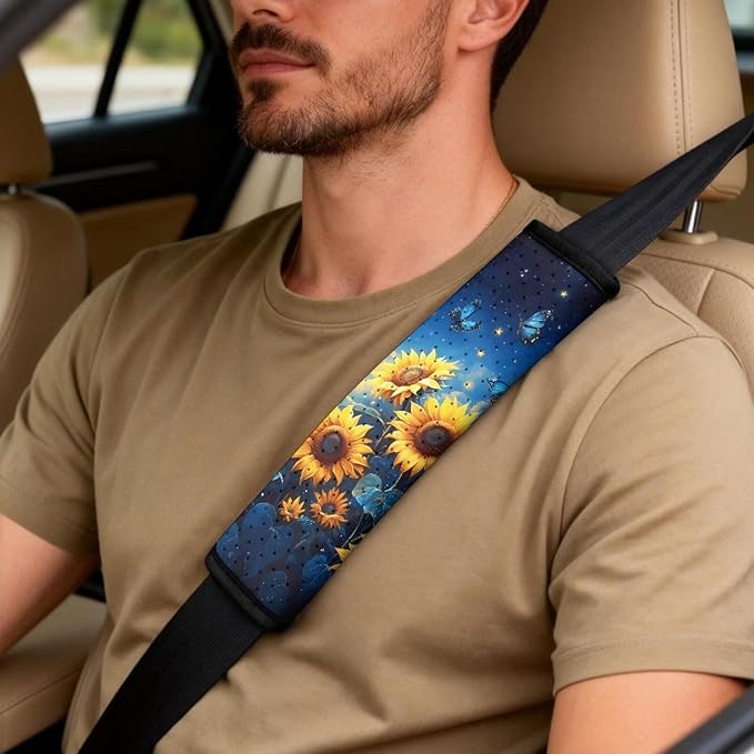 Qeluxign 5 Piece Car Accessories Set with 2 PU Leather Seat Covers, Sunflower Blue Butterfly 2 Belt Pads & 1 Armrest Cover Fit for Most Vehicles Easy Install & Clean