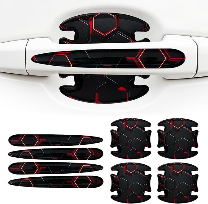 8 Pcs Car Door Handle Sticker, 3D Honeycomb Pattern Car Door Cup Protector, Universal Anti Scratches Auto Doors Handle Protective Film (Black Red)