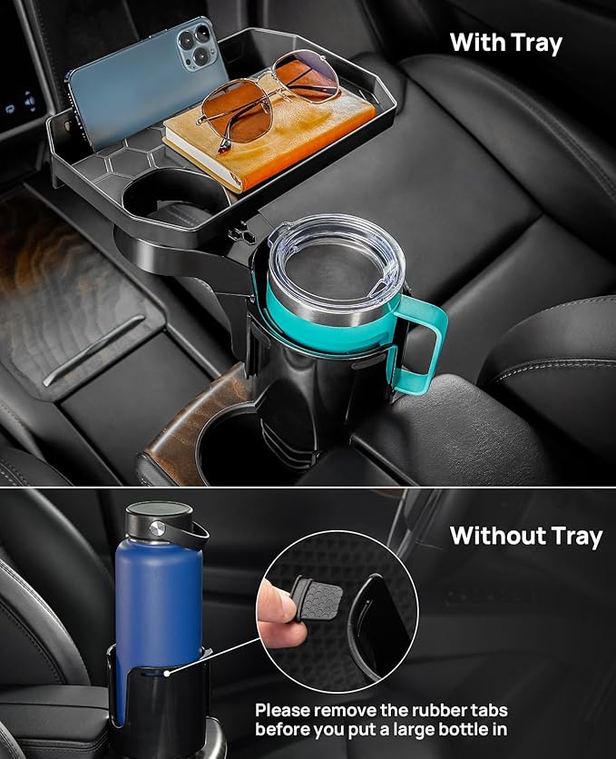 JoyTutus 2 Pack Cup Holder Tray for Car, Car Cup Holder Expander with 360°Rotation Tray, Large Cup Drink Holder Fit for Yeti/Hydro Flask, Detachable Food Tray Table, Road Trip Essentials
