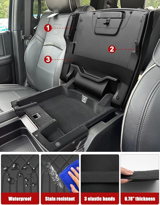 KBH Center Console Armrest Cover for 2019-2026 Dodge Ram 1500 2500 3500 5th Gen, Arm Rest Cushion Pad Protector, Vinyl Leather, Black (Fits Bucket Seat Only)