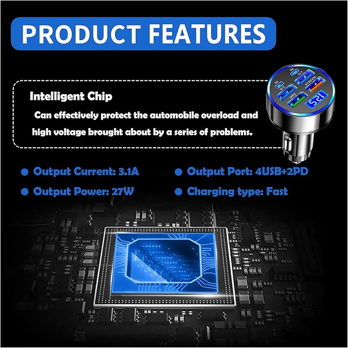 6 Port Fast USB Car Charger (PD+QC3.0),Cigarette Lighter USB Charger with LED Digital Display,Universal Car Charger Adapter Car Accessories Interior for Most 12V/24V Vehicles