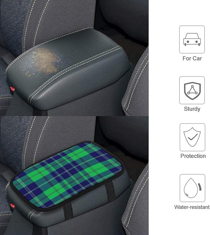 Center Console Cover Pad, Breathable Car Armrest Pad Seat Box Cushion Blue Green Scottish Tartan Plaid Arm Rest Cover Universal Fit for Most Vehicles