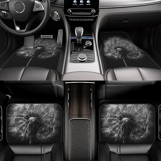 Black and White Dandelion Car Floor Mats,4 Piece, Car Rug Durable Anti-Slip Waterproof Trim to Fit Liner Universal Fit Auto,Sedan,SUV,Truck