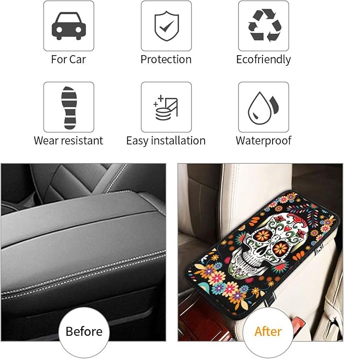 indokyeyqaz Universal Car Center Console Cushion Pad, Sugar Skull Colorful Soft Waterproof Car Center Console Cover Auto Armrest Seat Box Cover Protector for Most Vehicle SUV Truck Car