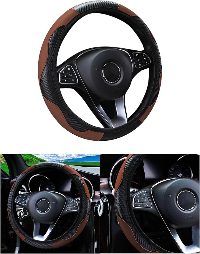 Car Steering Wheel Cover, 15 inch Carbon Fiber Microfiber PU Leather Elastic Steering Wheel Protector for Men Women, Anti-Slip Breathable Car Interior Accessories for Most Cars (Coffee)