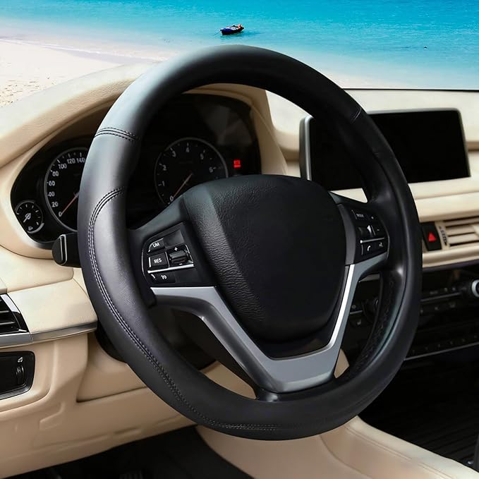 Black Car Steering Wheel Cover, Nappa Leather, Bottom Color Blocking, Fashionable Sporty Style, Universal 14.5-15 Inch Leather Anti-Slip Breathable Auto Steering Wheel Covers for Men Women