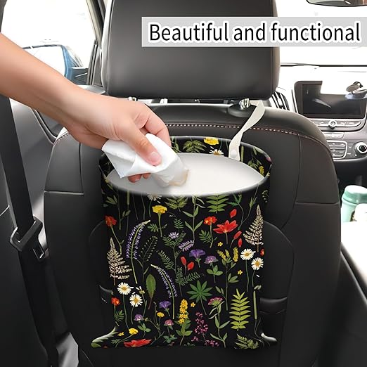 AUEKLLW Car Trash Can, Hanging Garbage Bin for Men and Women, Cute Car Organizer and Storage Bag, Canvas Vehicle Trash Can Bag Easy-to-Install Cute Black Floral