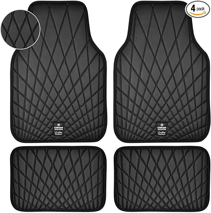 CAR PASS Faux Leather Floor Mats for Cars, Luxury Waterproof All Weather Car Mats Full Set, Anti-Slip Deluxe Automotive Mats Universal Fit for Most SUV,Vans,Sedans,Trucks, 4 Piece All Black