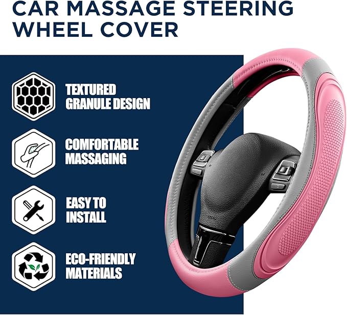 Road Comforts Car Steering Wheel Cover - Microfiber Leather Steering Wheel Wrap Sports 14.5-15 Inch Steering Wheel Cover Non-Slip for Men Women Pink & Gray Color