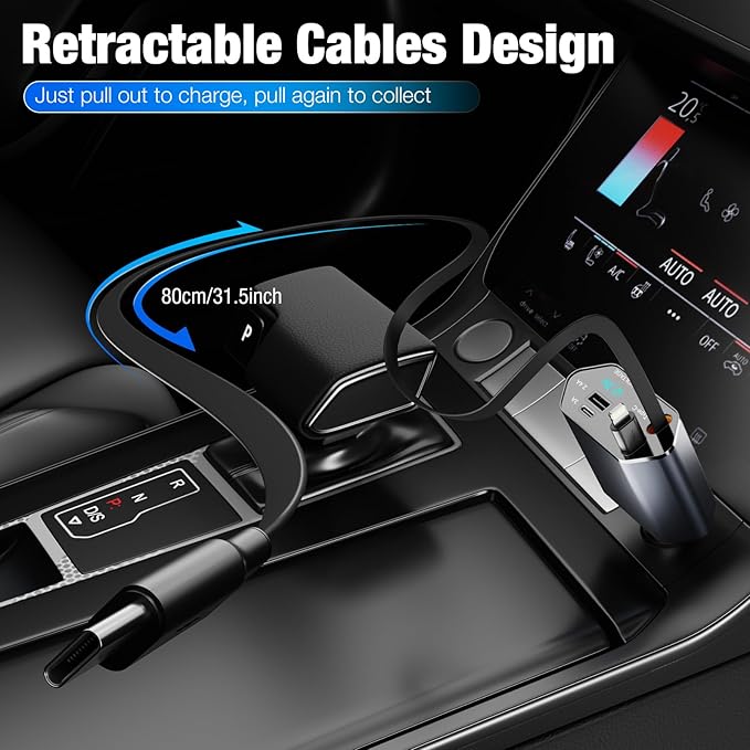 Retractable Car Charger - 4 in 1 Fast Car Phone Charger, 60W, 2 Retractable Cables, 2 USB Ports & Voltage Display, Compatible with iPhone 16/15/14/13/12/11 Series and Android
