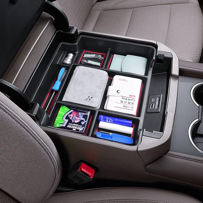 EDBETOS Center Console Organizer Tray for 2021-2025 Chevy Tahoe/Suburban and 21-2024 GMC Yukon Accessories, Fit Standard Console with Charging Socket Only, NOT for Power Sliding Console, Red