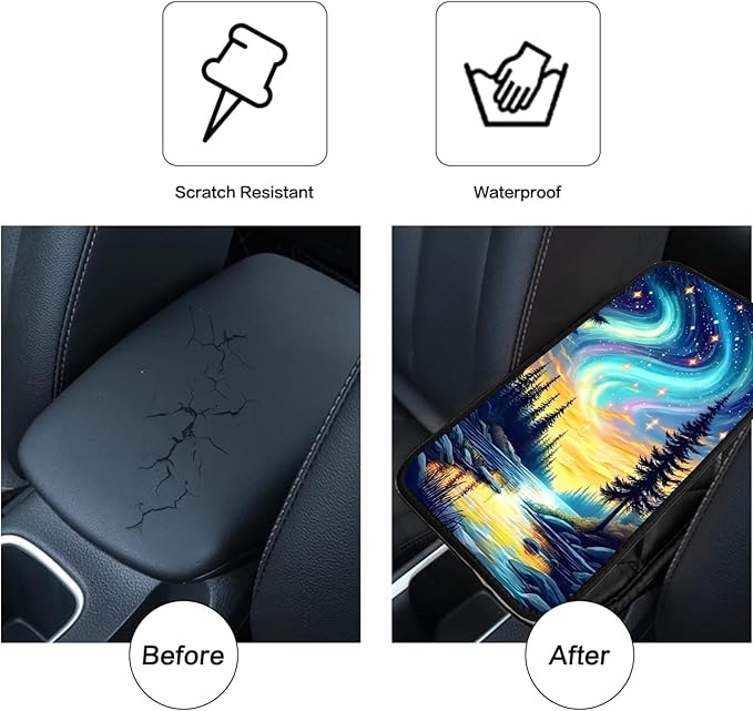 JANENFNA Car Armrest Cover Pads Universal Fashion Cute Auto Center Console Armrest Cover Pad with 2PCS Car Coasters Soft Waterproof Car Armrest Seat Protector for Women,Colorful Aurora