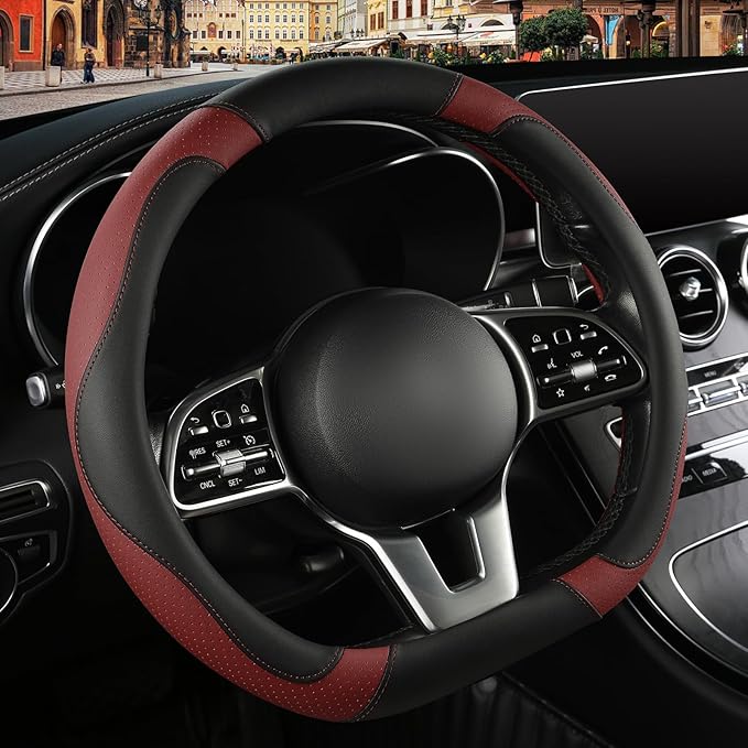 Binsheo Microfiber Leather D Shaped Steering Wheel Cover, Breathable, Anti Slip, Universal 15 inch, Black with Burgundy
