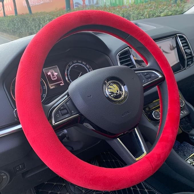 Fluffy Steering Wheel Cover, Short Plush Auto Accessories for Women with Inner Ring Universal 15 Inch (Red)