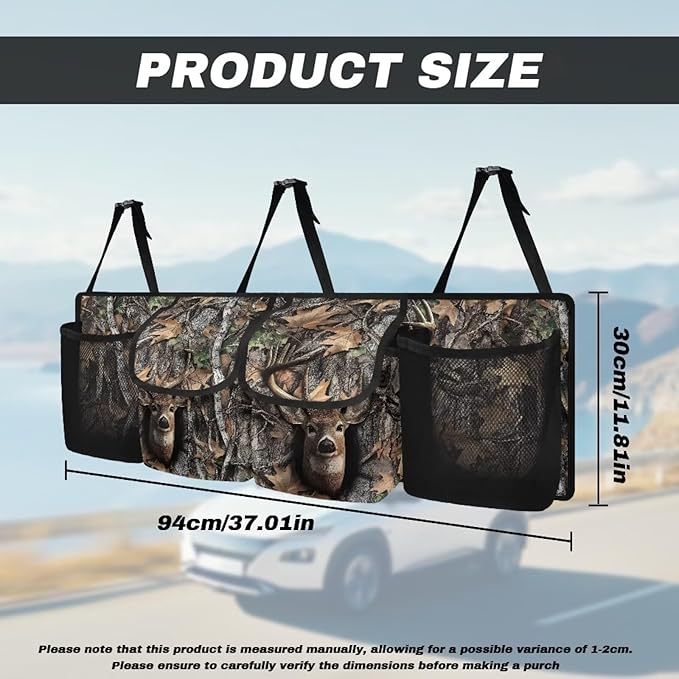 Camo Hunting Deer Car Trunk Organizer, Backseat Hanging Large Storage with Adjustable Straps & 4 Pockets, Waterproof Collapsible Cargo Bag, Car Interior Accessories for SUV, Truck, Van
