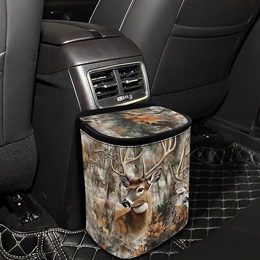 Talayituse Deer Hunting Camo Leaves Print Car Trash Can with Lid, Leak Proof Auto Trash Bag Hanging Vehicle Garbage Can Multipurpose Storage Container for Back Seat Road Trip