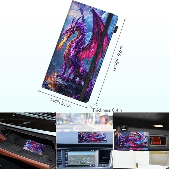 RAUEDWDJS Car Registration and Insurance Holder,Leather Vehicle Glove Box Organizer Wallet Case for Driver's License,ID Key Information Cards-Fire-breathing Dragon