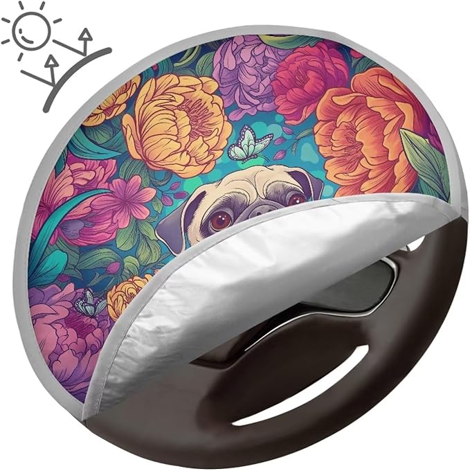 Pug Dog Peony Flower Pattern 17x17 inch Steering Wheel Sun Shade Cover Fit Most SUV Truck Car Van Universal Block UV Rays Car Rudder Visor Vehicle Steering Wheel Protector