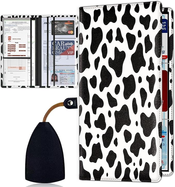 Car Registration Holder, Waterproof PU Leather Vehicle Card Document Glove Box Organizer, Women Interior Auto Accessories Case for Cards, Driver License Car Insurance Holder, White Leopard Print