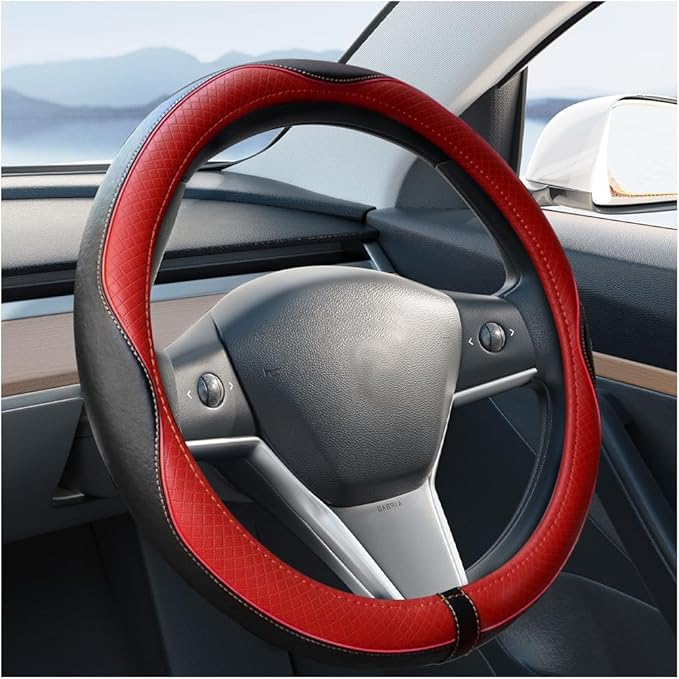 Car Steering Wheel Cover, 14.5-15" Leather Anti-Slip Sport Style Vehicle Steering Wheel Protector, Breathable Auto Interior Protection Accessories, Universal for SUV Van RV (Black/Red)