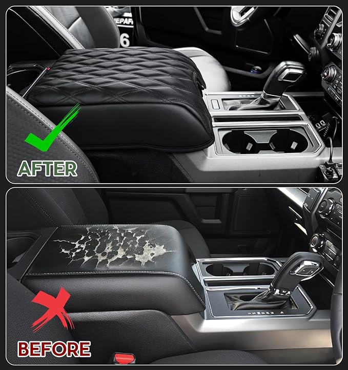 Center Console Cover Compatible with Ford F150 2015-2020, F250 F350 F450 2017-2022, Expedition 2018-2024, PU Leather Armrest Box Cover, Truck Interior Accessories, Anti-Scratch Protector