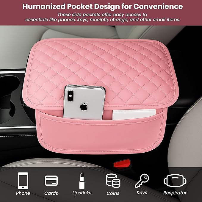 DSCARCovers Upgraded Car Center Console Cover Pink,Microfiber Leather Car Armrest Cover Cushion with 2 Storage Bags,Universal Car Armrest Storage Box Car Interior Accessories for Most Vehicles (Pink)