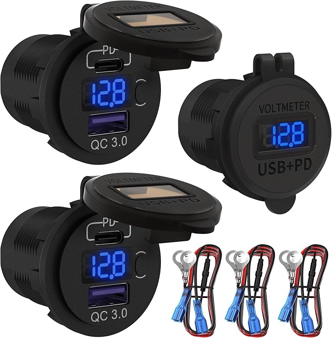 DaierTek 12V USB C Car Charger Socket 3-Pack - 48W PD & QC 3.0 Fast Charging Dual USB Outlet with Voltmeter & ON/Off Switch, Waterproof 12V Charging Port for Car, Marine, Boat, Golf Cart