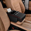 Multifunctional Pu Leather Car Armrest Box Mat, 5-in-1 Waterproof Car Armrest Organizer, Car Armrest Cushion Heightening Pad with Cup Holder, Tissue Boxes for Most Cars (Black and Red-A)