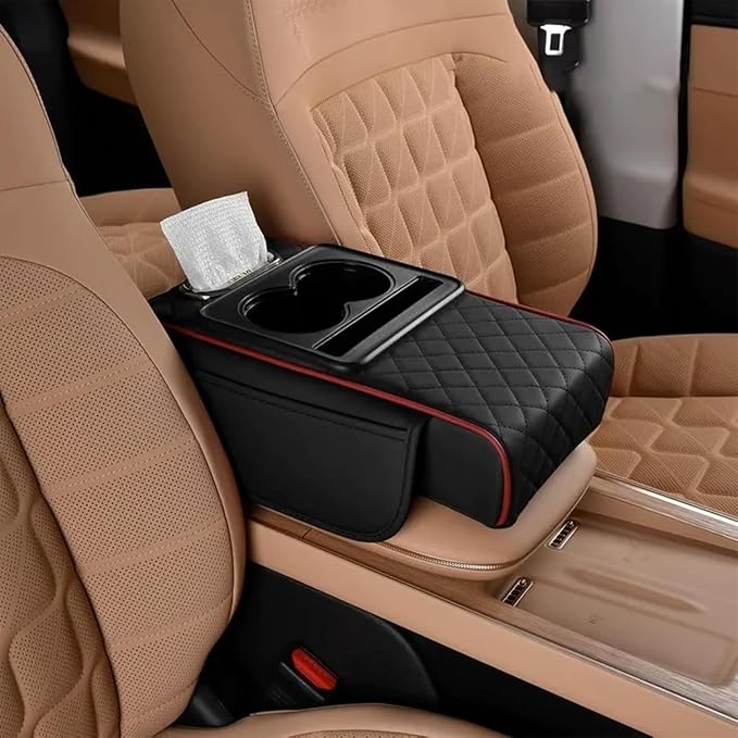 Multifunctional Pu Leather Car Armrest Box Mat, 5-in-1 Waterproof Car Armrest Organizer, Car Armrest Cushion Heightening Pad with Cup Holder, Tissue Boxes for Most Cars (Black and Red-A)