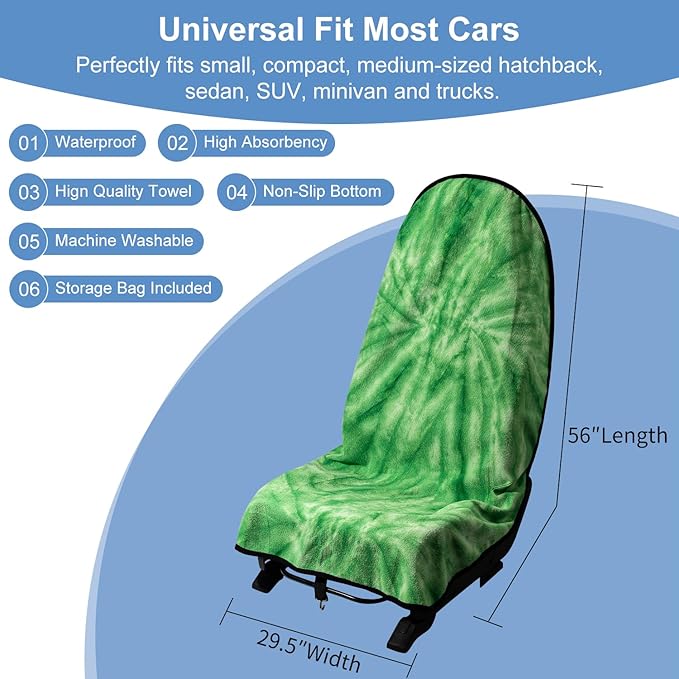 Car Seat Towel Covers with Storage Bag, Waterproof Sweatproof Towel Seat Cover Universal Front Seat Covers Machine Washable Non-Slip Seat Protector for Gym Workouts(Green, 1Pcs Front Seat Cover)