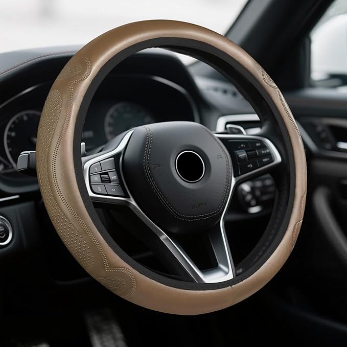 Car Steering Wheel Cover, Steering Wheel Accessories, Breathable Microfiber Leather Auto Wheels Protector, Universal 15 Inch Anti-Slip Protector Car Accessories for SUV Sedan Truck (Beige)
