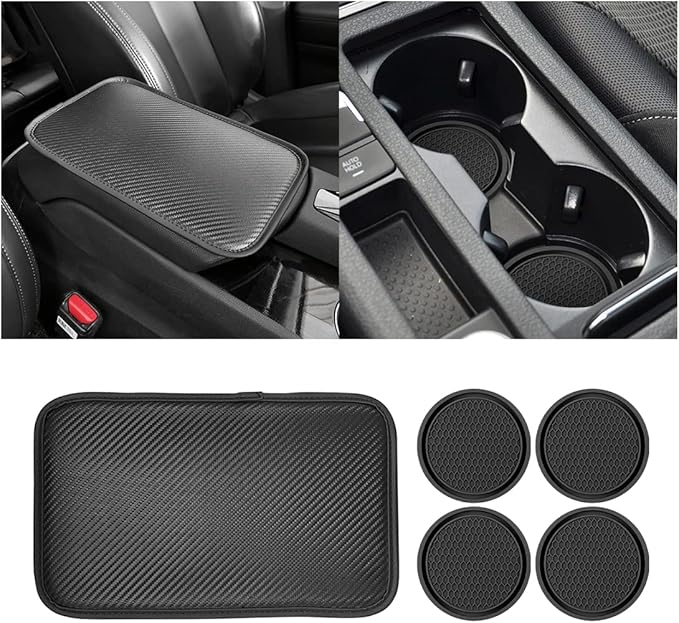 Auto Leather Center Console Cushion Pad, Waterproof Car Armrest Seat Box Cover with 4PCS Car Coasters for Cup Holder, Interior Protection Accessories for Most Cars, Vehicles, SUVs