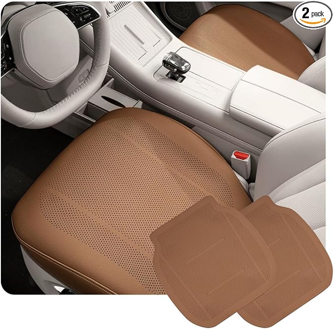ontto 2 PC Car Seat Cushions for Most Vehicles Universal Auto Seat Pad Protector Perforated PU Leather Bottom Pad Breathable and Thin Seat Mat Also Works with Truck and Office Chair,Light Brown