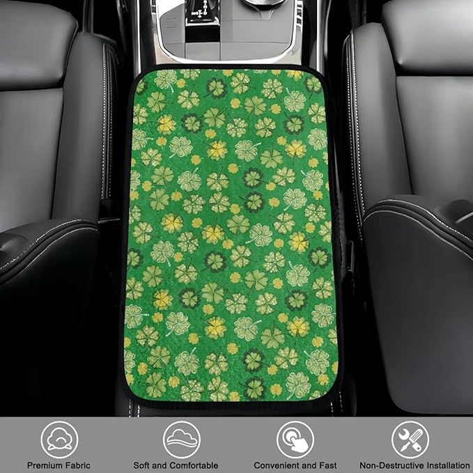 Bulopur St. Patrick's Clover Arm Rest Cover Car Flannel Center Console Cover Easy to Install Car Decor Accessories Auto Armrest Console Cover for Most Vehicle, SUV, Truck, Car
