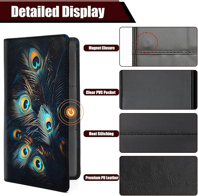 Car Document Holder with Magnetic Shut, Car Registration and Insurance Card Holder, Vehicle Glove Box Organizer Documents, Driver License, Auto Paperwork Organizer Wallet, Peacock Feathers Pattern
