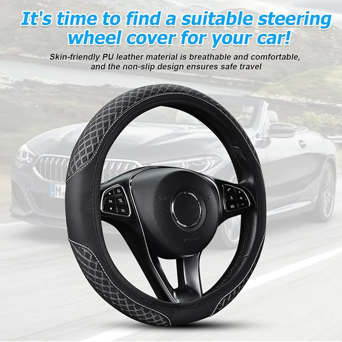 Elastic Car Steering Wheel Cover, 14.5-15 Inch Leather Non Slip Vehicle Steering Wheel Protecter Without Inner Ring, Auto Interior Protection Accessories, Universal Fit (Black)
