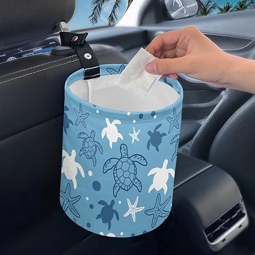 Turtle Print Hanging Car Trash Bag Car Trash Can with Adjustable Buttons Collapsible Multipurpose Car Storage Bag Road Trip Essentials