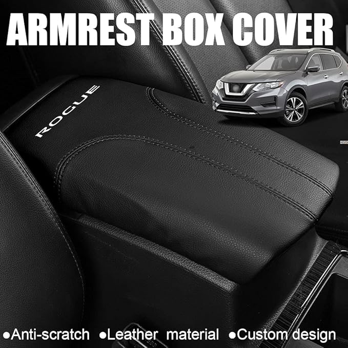 XITER Car Armrest Cover Saver, 1 Pc Center Console Leather Pad Fit for Nissan Rogue 2014-2020, 2017-2022 Rogue Sport Central Console Armrest Box Protector Interior Accessories (Black Stitches)