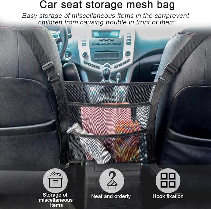 zipelo Car Mesh Organizer, 3 Layer Vehicle Barrier of Backseat Pet Kids, Elastic Automotive Net Pocket Handbag Tissue Purse Storage Net Holder Accessories, Universal for Car, SUV, Van