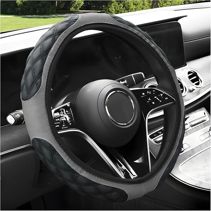 Car Steering Wheel Cover, 15 Inches Non-Slip Leather Car Steering Wheel Protector, Universal Steering Wheel Soft Cover Mats for Car Truck SUV, Interior Car Accessories (Gray)