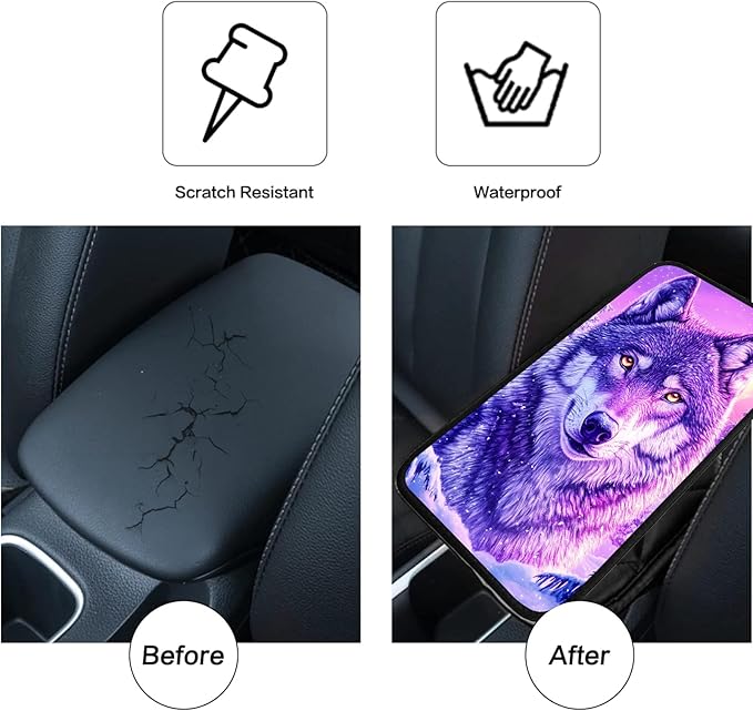JANENFNA Car Armrest Cover Pads Universal Fashion Cute Auto Center Console Armrest Cover Pad with 2PCS Car Coasters Soft Waterproof Car Armrest Seat Protector for Women,Purple Snow Wolf