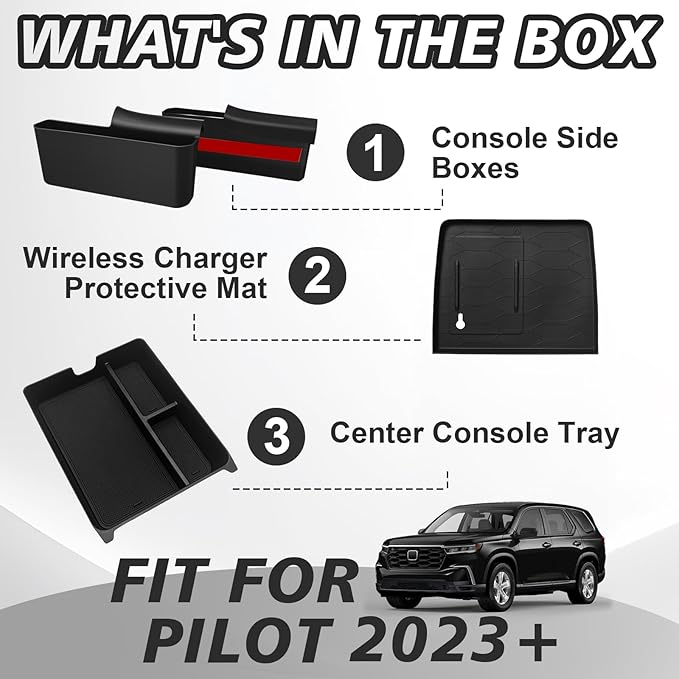 Muslogy for 2023+ Pilot Center Console Organizer&Wireless Charger Protective Mat&Shifter Storage Box Left & Right Set Compatible with Honda Pilot 2023-2025 Accessories Console Side Inserts Organizer
