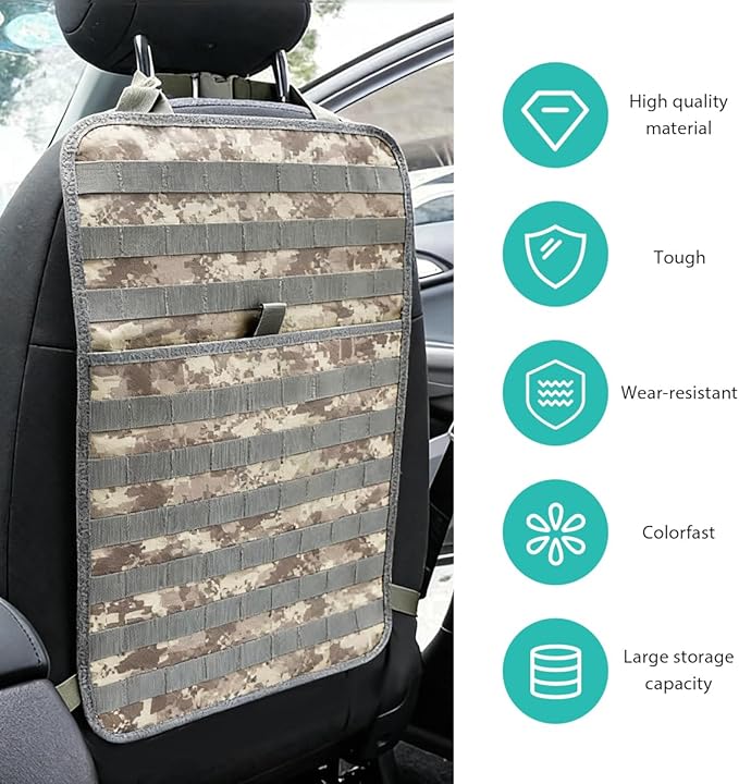 Car Seat Back Organizer, Tactical MOLLE Sag Proof Vehicle Panel Backseat Cover Protector, Universal Molle Nylon Storage Bag Seat Back Hanger Pad for Car Truck SUV Pickup (Camouflage ACU)