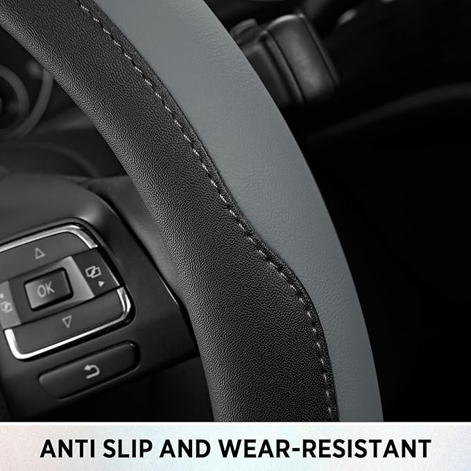 Road Comforts Steering Wheel Cover, Breathable Anti-Slip Leather Steering Wheel Cover, Universal Fit 14.5–15 Inch, Comfortable Grip - Gray Color
