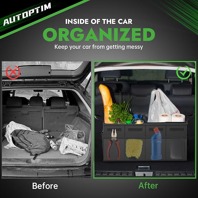 Car Trunk Organizer - 50L Collapsible Car Organizer with Non Slip Bottom for Groceries, Trunk Storage with Base Panel for SUV Sedan Van, 2 Compartments (Black, Small)