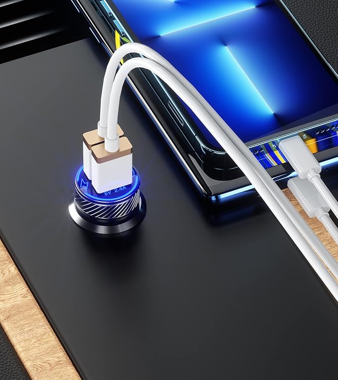 【2Pack】 USB Car Charger, Dual USB Port Cigarette Lighter Adapter, 5V/4.8A Charge Car Phone Charger with Blue LED & Touch Switch