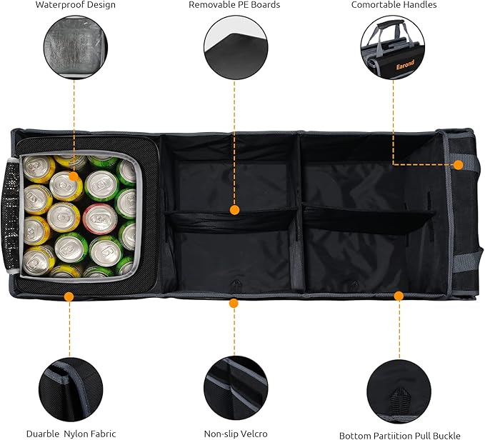 EAROND Collapsible Trunk Organizer with Insulated Leakproof Cooler Bag,Removable Lid,Adjustable Securing Straps,3 Compartments Trunk Organizer for SUV,Truck,Sedan(Grey & Black)